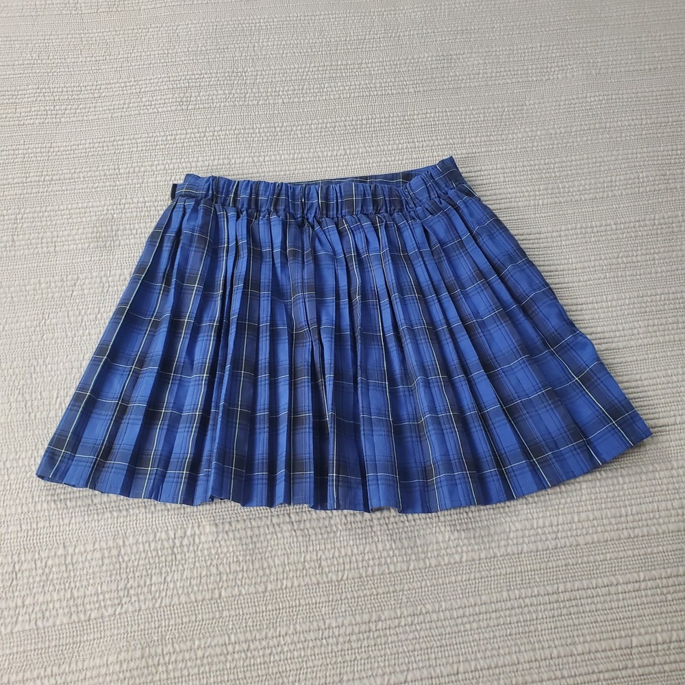 Plaid Pleated Mini Skirt Womens M Blue Excellent Buckle Wrap Preppy